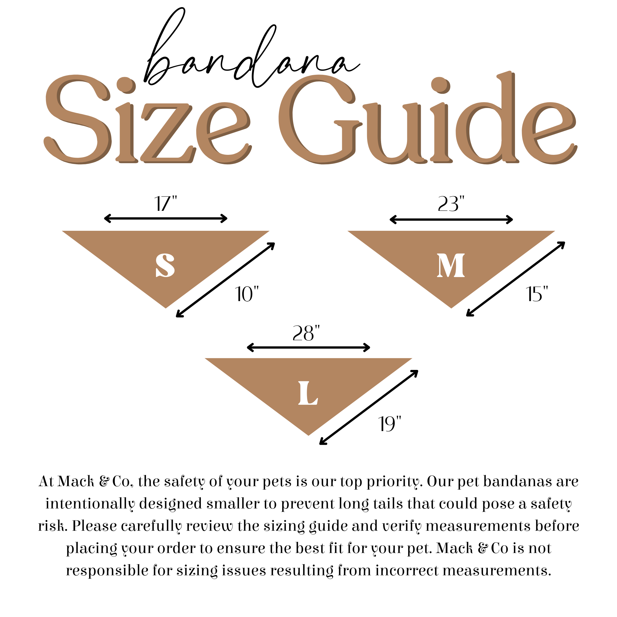 Bandana size guide with measurements for small, medium, and large sizes on a white background.